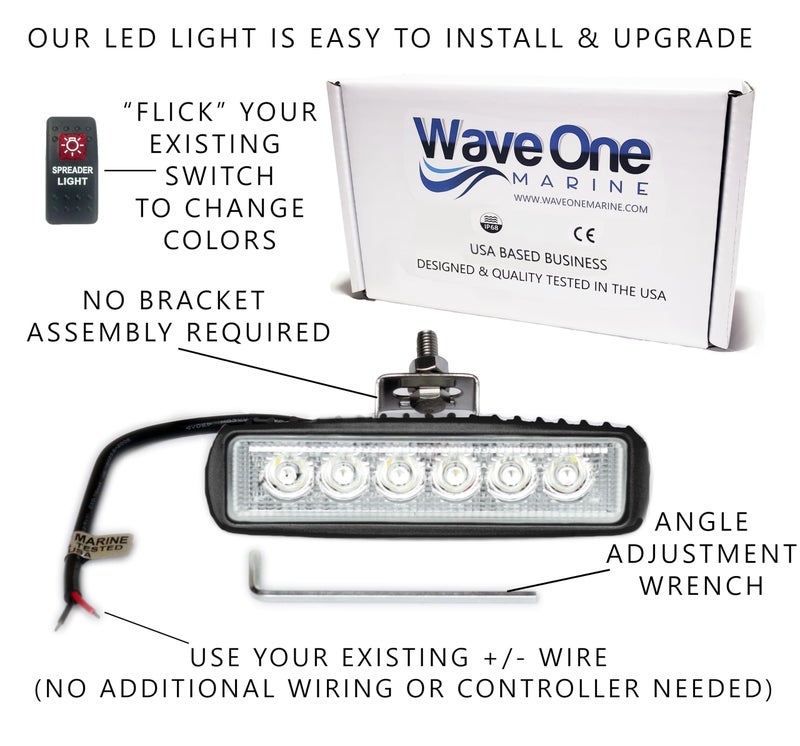 Wave One Marine Dual Color LED Boat Spreader Light Deck Flood Beam Stainless Hardware & Bracket IP68 Waterproof Multicolor Bright High Lumen Output (Black Housing, White & Blue) - Image 2